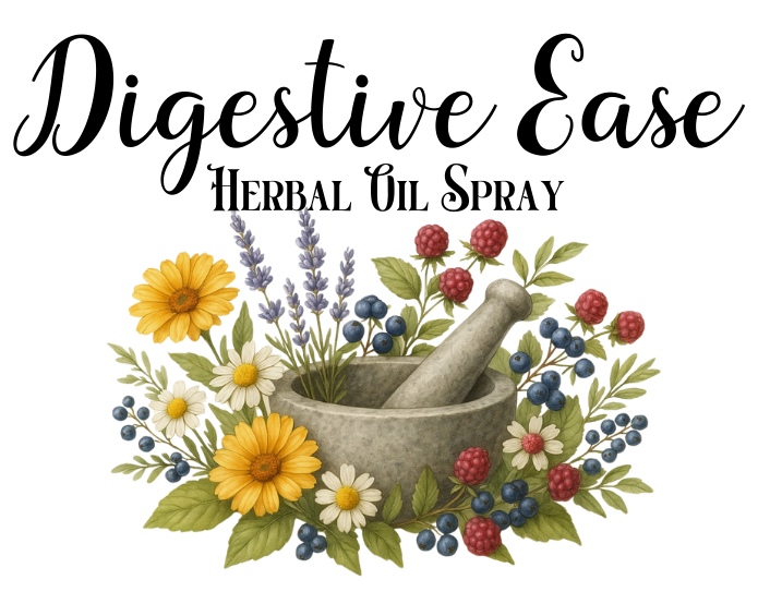 Herbal oil spray product with ingredients and usage instructions on a white background