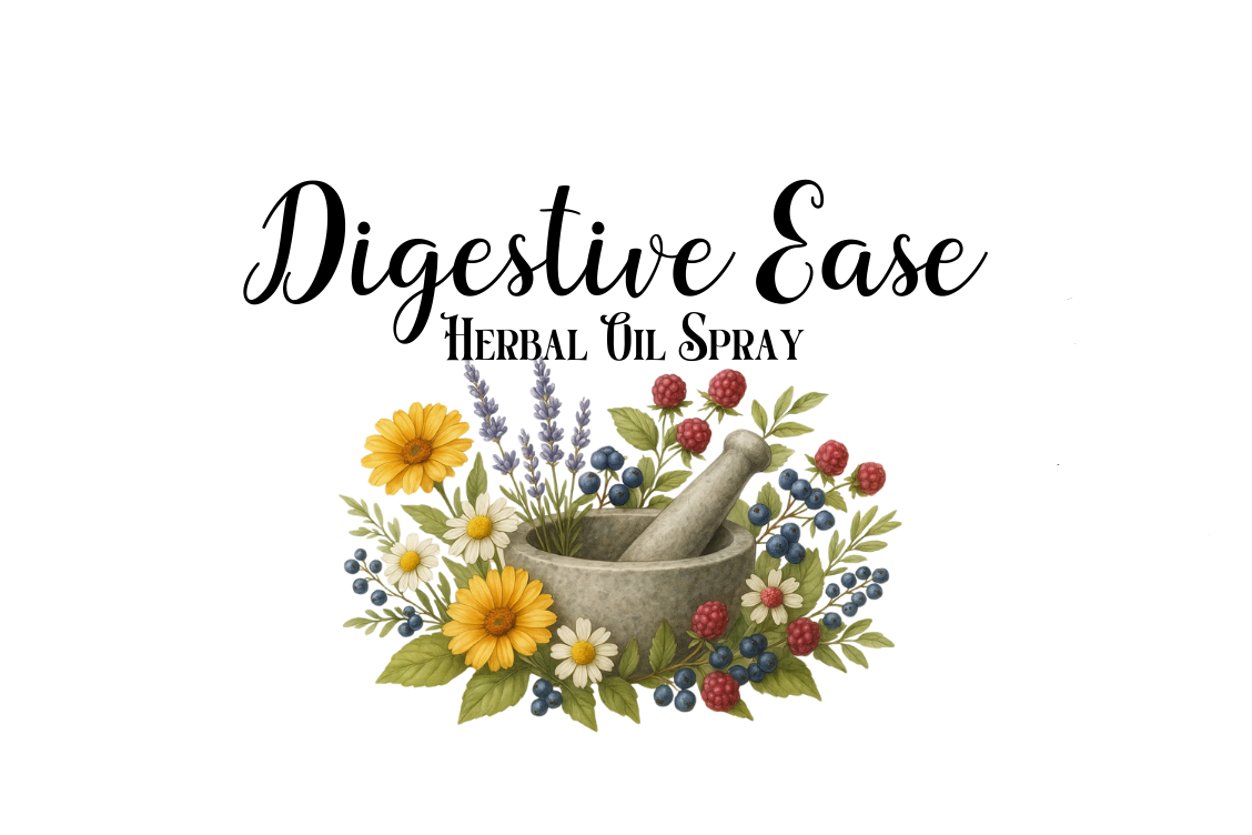 Herbal oil spray labeled 'Digestive Ease' with a mortar and pestle and flowers on a white background.