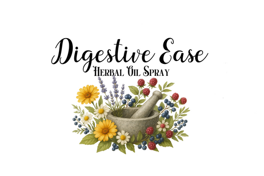 Herbal oil spray labeled 'Digestive Ease' with a mortar and pestle and flowers on a white background.