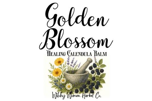 Logo for Golden Blossom Healing Calendula Balm with herbs and mortar and pestle on a white background