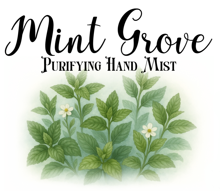 Mint Grove Purifying Hand Mist with green leaves and flowers on a white background