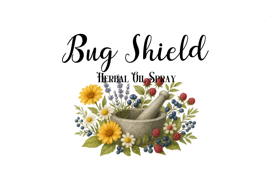 Bug Shield herbal oil spray logo with a mortar and pestle and flowers on a white background