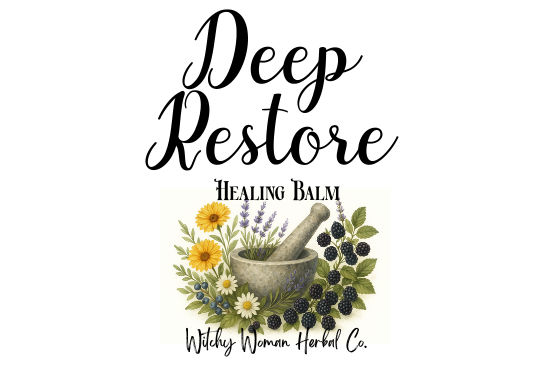 Label for 'Deep Restore Healing Balm' with herbs and a mortar and pestle on a white background.
