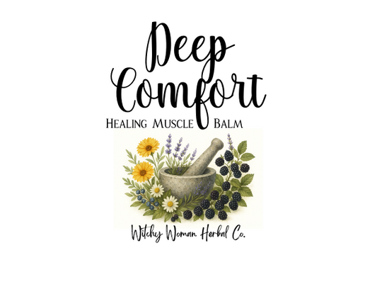 Label for 'Deep Comfort Healing Muscle Balm' by Witchy Woman Herbal Co. with a mortar and pestle, flowers, and blackberries on a white background.