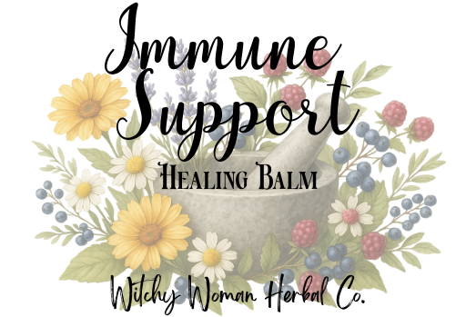 Immune Support Healing Balm label with floral design and 'Witchy Woman Herbal Co.' text