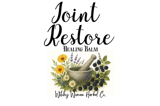 Logo for 'Joint Restore Healing Balm' by Wildly Woman Herbal Co. with herbs and a mortar and pestle on a white background.