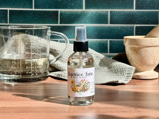 Bottle of 'Digestive Ease' spray on a kitchen counter with a measuring cup in the background.
