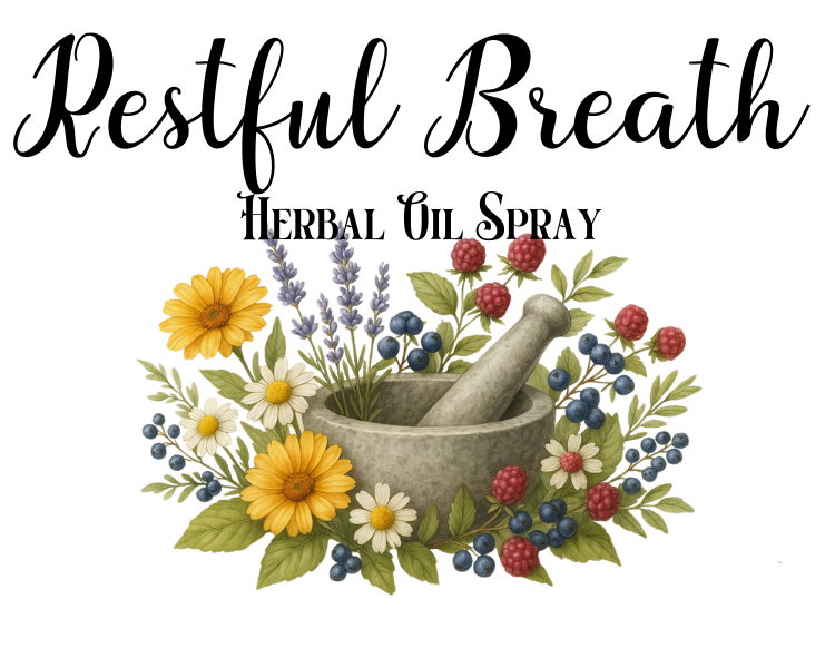 Label for 'Restful Breath Herbal Oil Spray' with herbs and flowers on a white background.