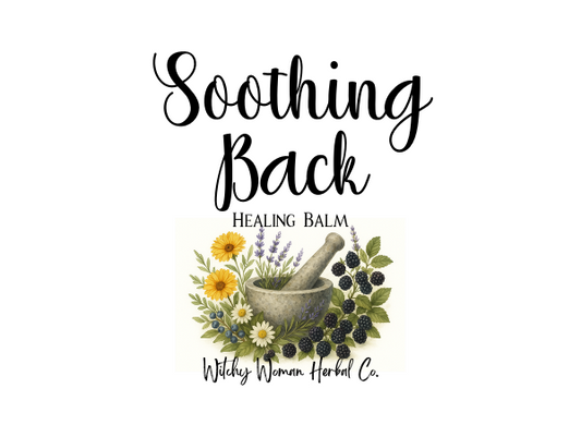 Label for 'Soothing Back' Healing Balm with herbs and flowers on a white background