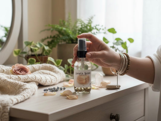 Lover's Nectar Ritual Oil Spray bottle held by a hand, surrounded by plants and decorative elements on a wooden surface.