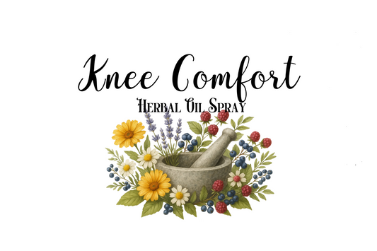 Knee Comfort Herbal Oil Spray label with a mortar and pestle and herbs on a white background