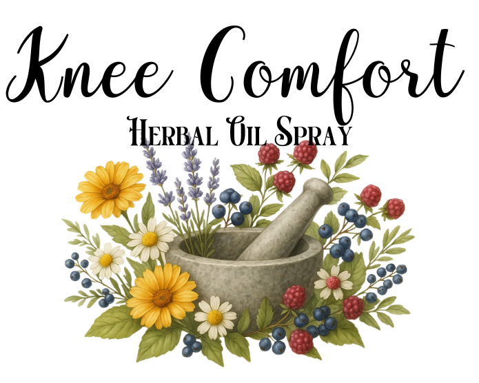 Knee Comfort Herbal Oil Spray advertisement with herbs and a mortar and pestle, featuring a list of essential oils.