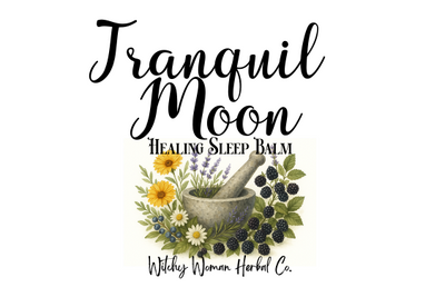 Tranquil Moon Healing Sleep Balm label with herbs and mortar and pestle on a white background