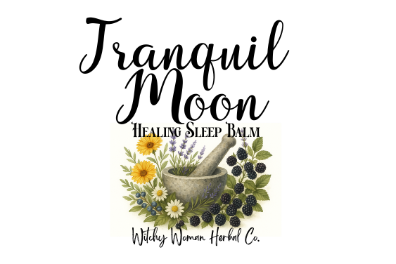 Tranquil Moon Healing Sleep Balm label with herbs and mortar and pestle on a white background