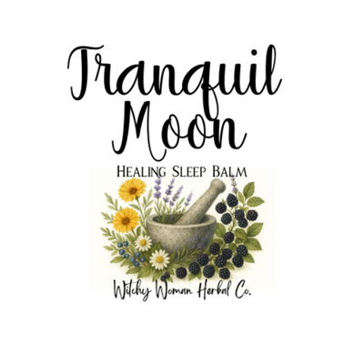 Label for Tranquil Moon Healing Sleep Balm with herbs and mortar and pestle on a white background