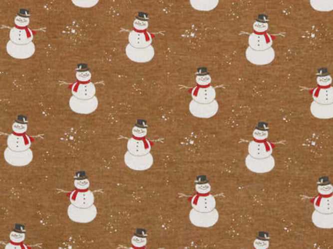 Rice heating pad made with soft cotton flannel with snowmen printed all over it- kraft brown background
