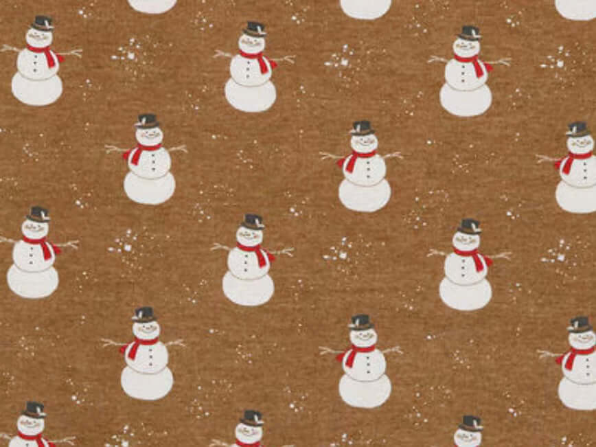 Rice heating pad made with soft cotton flannel with snowmen printed all over it- kraft brown background