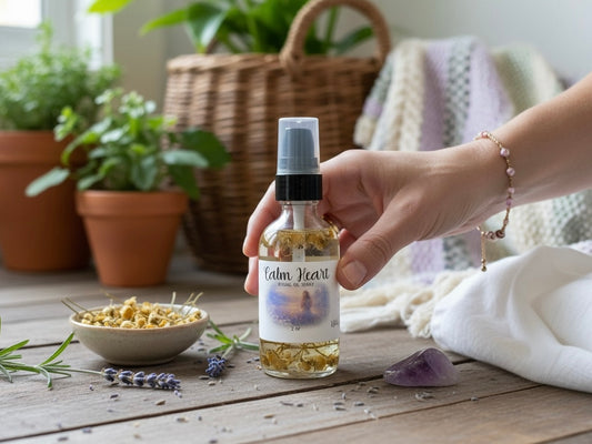 Calm Heart Ritual Oil Spray bottle held in hand with chamomile blossoms and lavender on a wooden table.