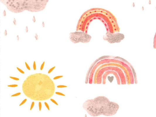Herbal Comfort Heat Pack - Kids Patterns featuring colorful sun, rainbows, and clouds on a white background.