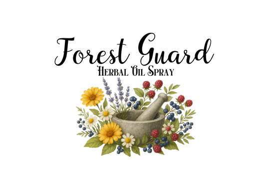 Logo for 'Forest Guard Herbal Oil Spray' with a mortar and pestle and herbs on a white background.