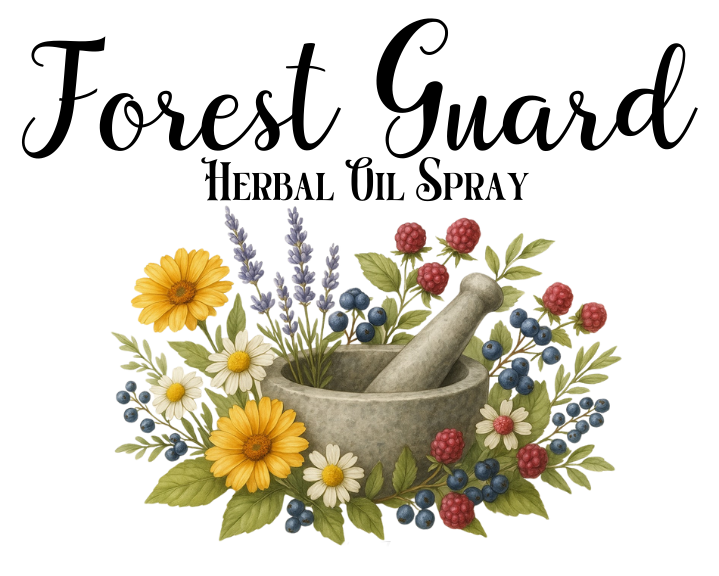 Herbal oil spray product with botanical illustration and text on a white background