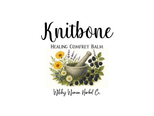 Knitbone Healing Comfrey Balm label with herbs and mortar and pestle on a white background