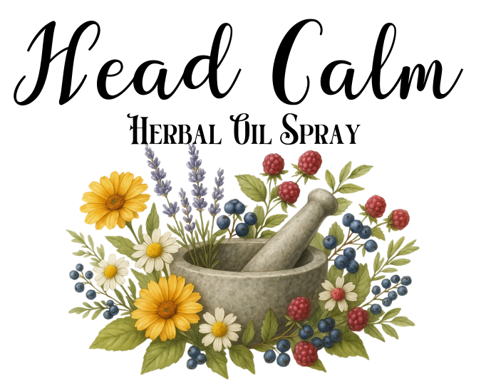 Herbal oil spray product with flowers and a mortar and pestle, labeled 'Head Calm' from Witchy Woman Herbal Co.