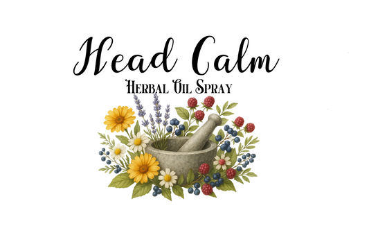 Head Calm Herbal Oil Spray logo with a mortar and pestle and herbs on a white background