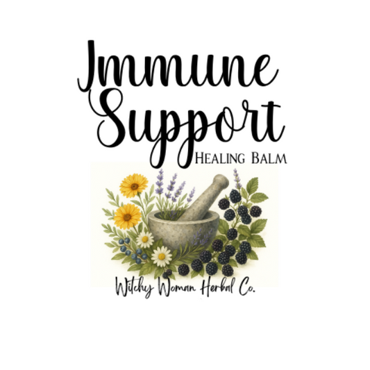 Immune Support Healing Balm label with herbs and mortar and pestle on a white background