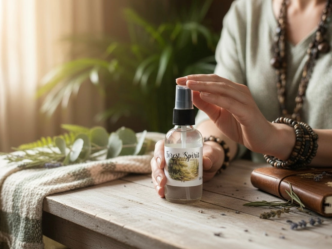 A person holding the Forest Spirit Purifying Hand Mist against a natural backdrop with greenery on a wooden table.