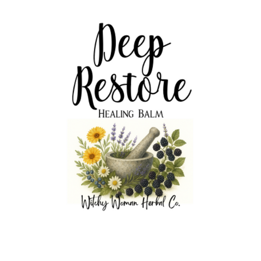 Label for 'Deep Restore Healing Balm' with herbs and a mortar and pestle on a white background.