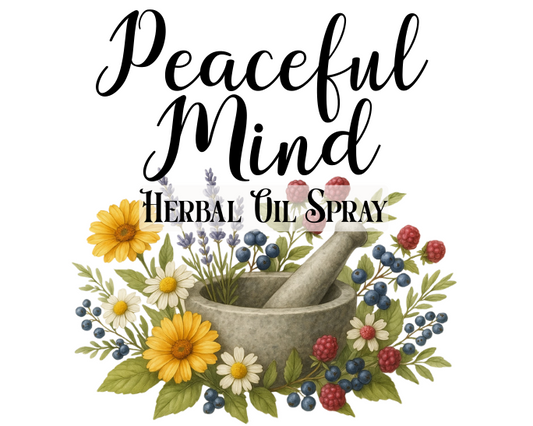Herbal oil spray label with a mortar and pestle, flowers, and text on a white background.