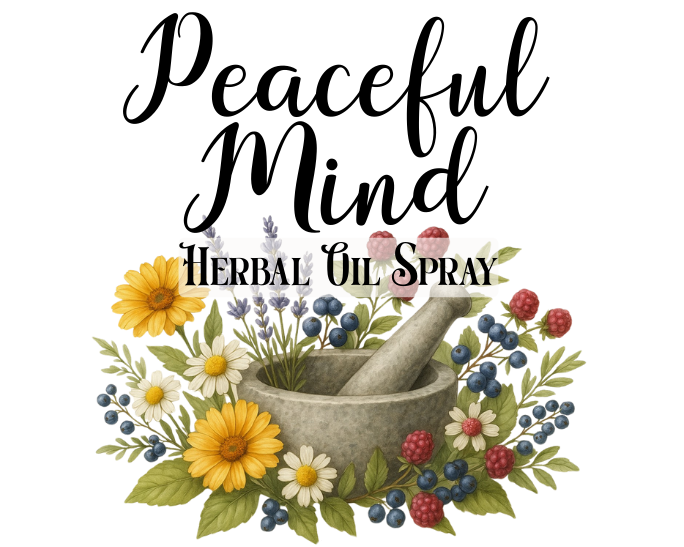 Herbal oil spray label with a mortar and pestle, flowers, and text on a white background.