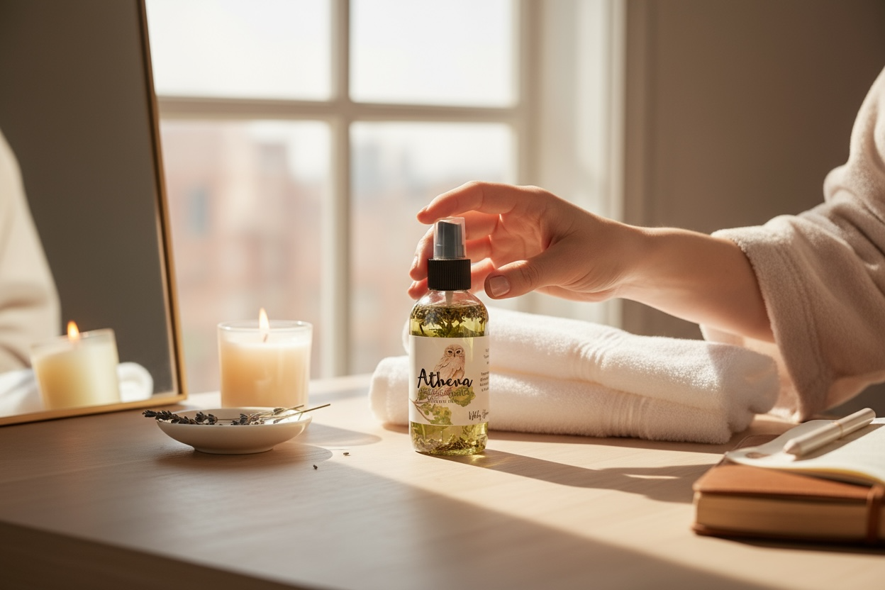 Athena Goddess Ritual Oil bottle on a table with a candle and soft towels for a calming self-care routine.