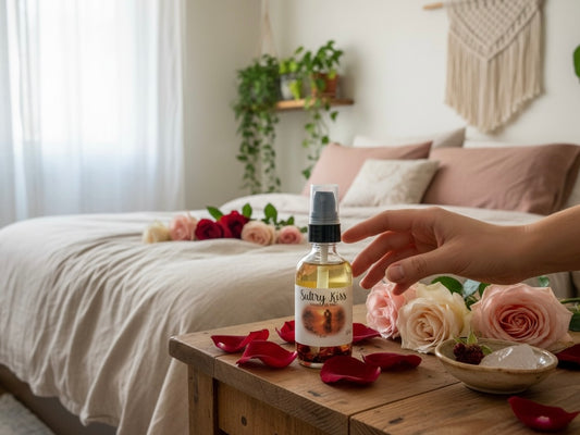 Sultry Kiss Ritual Oil Spray on a wooden table surrounded by rose petals and flowers in a cozy bedroom setting.