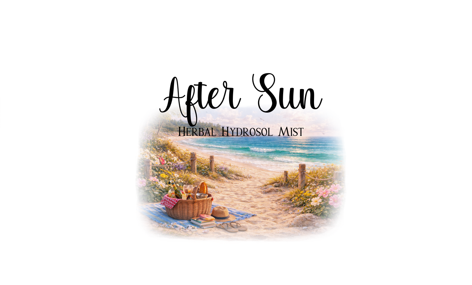 Label for 'After Sun' herbal hydrosol mist with a beach scene and product name.