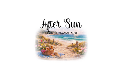 Label for 'After Sun' herbal hydrosol mist with a beach scene and product name.