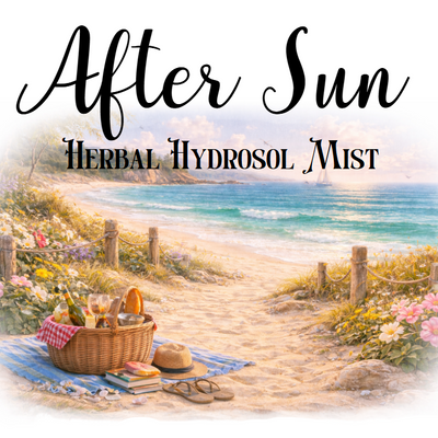 Product packaging design for 'After Sun Herbal Hydrosol Mist' with a beach scene and picnic setup.