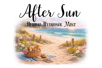 Product packaging design for 'After Sun Herbal Hydrosol Mist' with a beach scene and picnic setup.