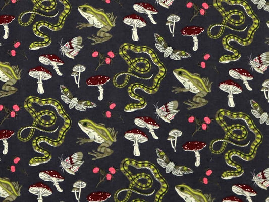 Herbal Comfort Heat Pack - Fall Patterns features a vibrant print of frogs, snakes, mushrooms, and butterflies on dark background.