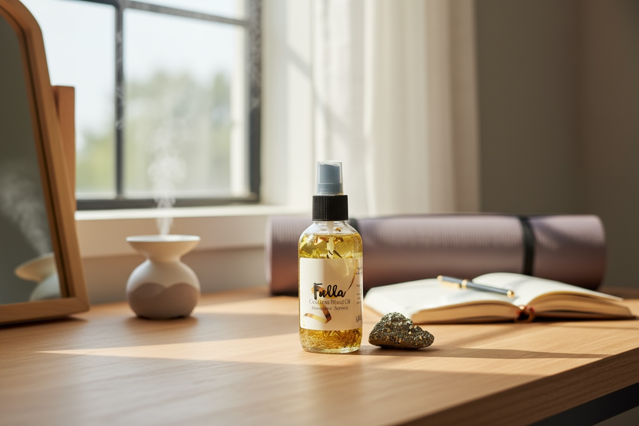 Fulla Goddess Ritual Oil on a wooden table with a notebook and decorative stones.