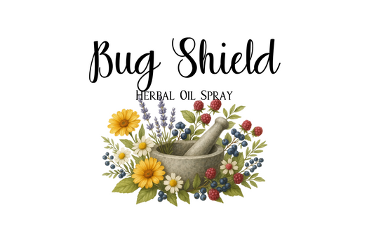 Label for Bug Shield herbal oil spray with ingredients listed on a white background.