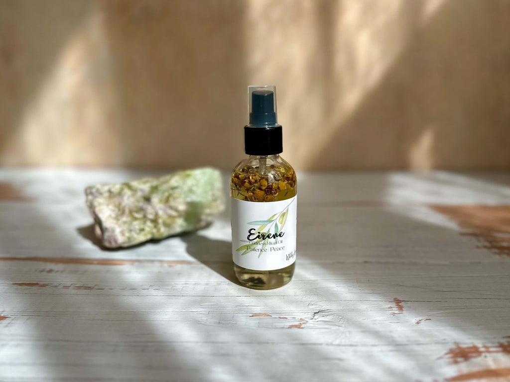 Bottle of essential oil spray on a wooden surface with a blurred background