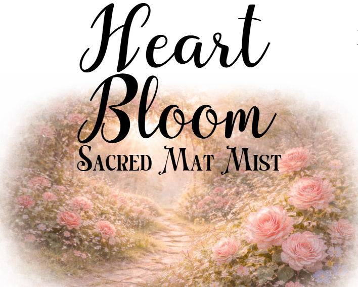 Product packaging with 'Heart Bloom Sacred Mat Mist' text and floral design.