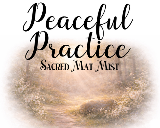 Product packaging for 'Peaceful Practice Sacred Mat Mist' with a blurred background of flowers and light.