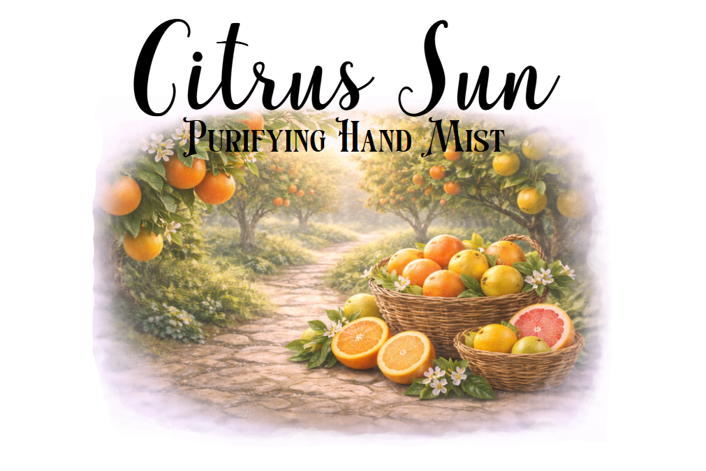 Citrus Sun Purifying Hand Mist with a vibrant scene of oranges and citrus fruits in a tranquil garden.