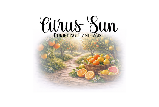 Label for Citrus Sun Purifying Hand Mist with fruits and text on a white background