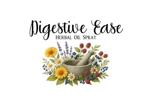 Label for Digestive Ease Herbal Oil Spray with mortar and pestle and flowers on a white background