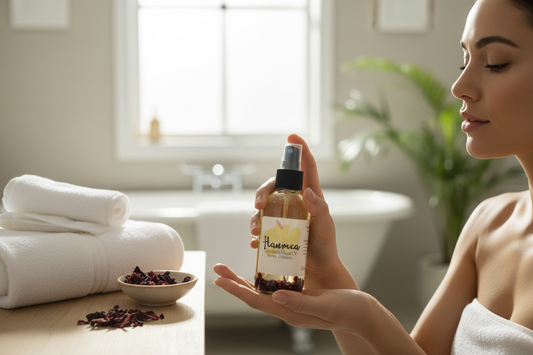 A woman holding Haumea Goddess Ritual Oil in a serene bathroom setting, promoting feminine energy and abundance.