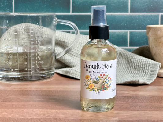 Bottle of Lymph Flow herbal oil spray on a wooden surface with a measuring cup and towel in the background.